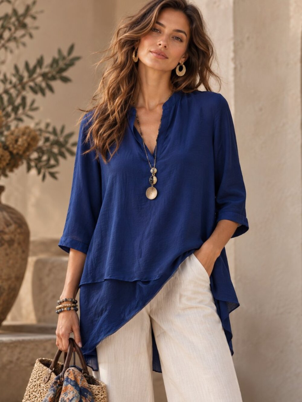Chicos Blouse Womens 2 L Royal Blue Asymmetrical Tunic High Low 3/4 Sleeve